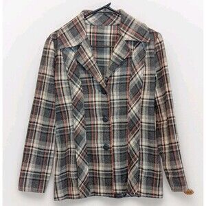 Vintage Bill Atkinson Glen Of Michigan Grey Orange Plaid Button Jacket 70s Wool